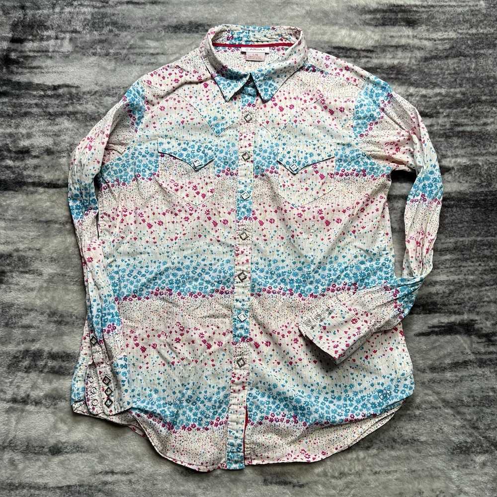 Womens Ariat Western Shirt Sz L Snap Front Chest Bling Floral Long Sleeve